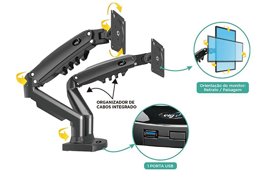 Suporte De Mesa Elg Ergonômico Articulado Com Pistão Para 2 Monitores De 17 A 35 F180usb 2488